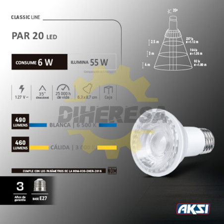 Foco Led Par 20 6w Luz Calida, Caja Color