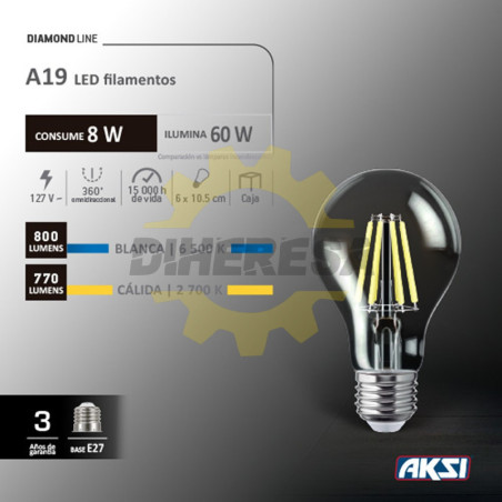 Foco Led Filamentos A19 8w Luz Blanca, Blister