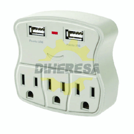 Multicontacto De Pared 3 Toma Corriente + 2 Usb