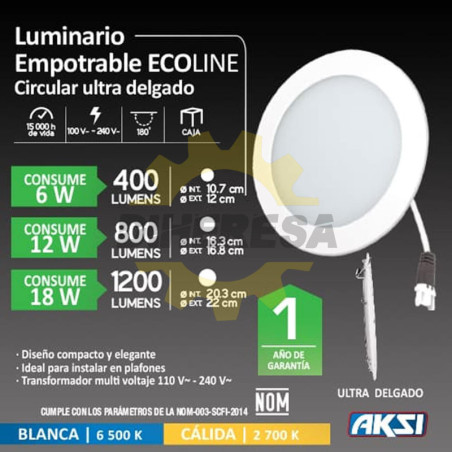 Luminario Empotrable Circular Led, Linea Eco, 18 W, Luz Blanca 6500k