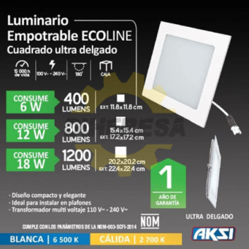 117933 Luminario Empotrable Cuadrado Led, Linea Eco, 6 W, Luz Calida 2700k