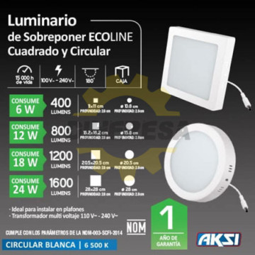 117974 Luminario Sobreponer Cuadrado Led, Linea Eco, 12 W, Luz Blanca 6500k