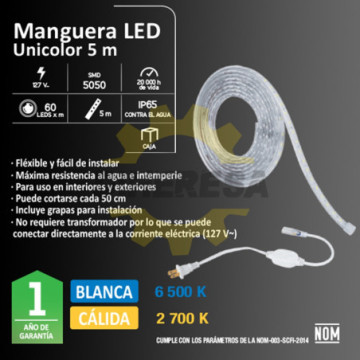 Manguera Led 127v Color Ambar 2200k (5 Mts) Ip65 60 Led/Mt Smd5050