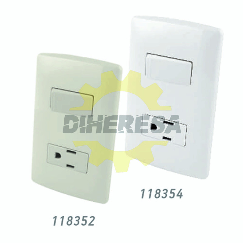 Contacto Aterrizado Y Apagador Sencillo De Tecla Con Placa Plástica - Blanco Contacto Aterrizado Y Apagador Sencillo De Tecla Con Placa Plástica - Blanco