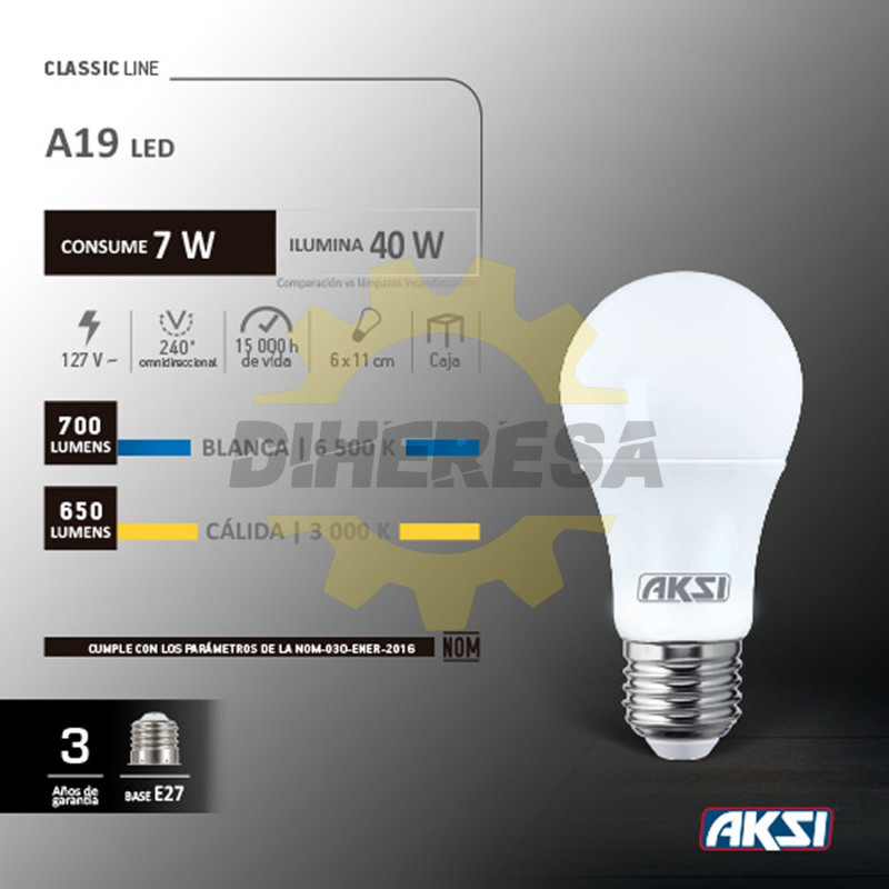 Foco Led A19 7w Luz Calida, Caja Color