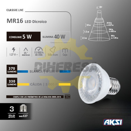 Foco Led Mr16 5w Luz Blanca - 127v/E27, Caja Color