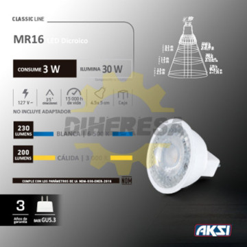 121033 Foco Led Mr16 3w Luz Calida - 127v/Gu5.3, Caja Color