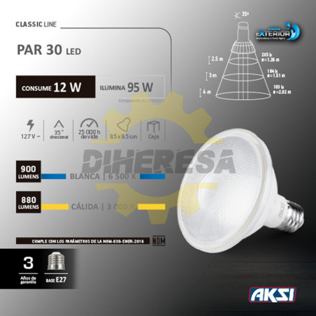 Foco Led Par 30 12w Luz Blanca Ip65, Caja Color