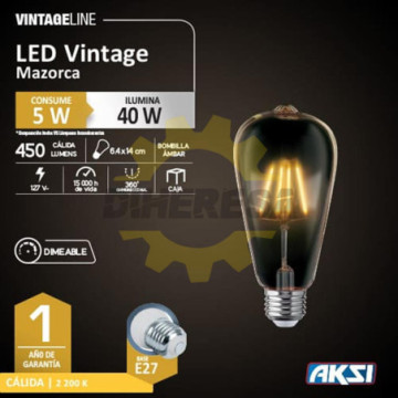 122101 Foco Led Vintage Tipo Mazorca St19 5w Dimeable, E27