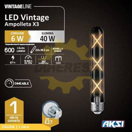 Foco Vintage Ampolleta X3 6w, Dimeable