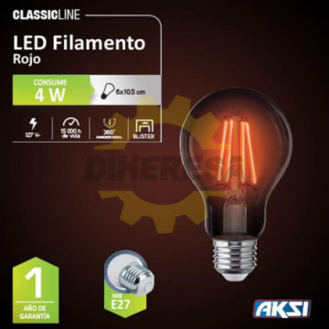 122223 Foco Filamento A19 4w, Rojo