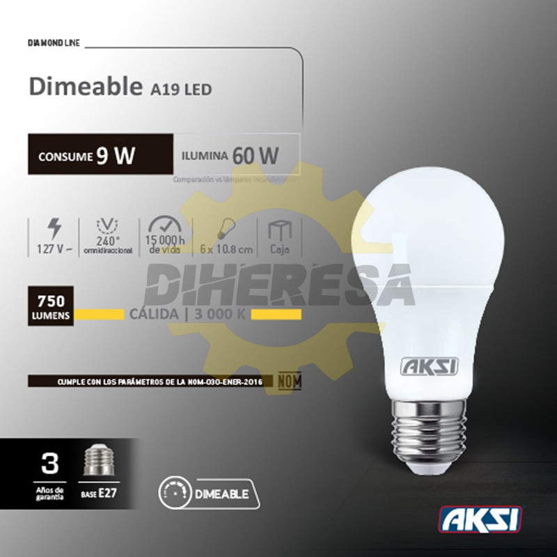 Foco Led Dimeable A19 9w Luz Calida, Caja Color