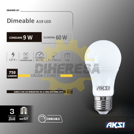 Foco Led Dimeable A19 9w Luz Calida, Caja Color