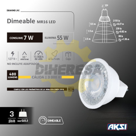 Foco Led Dimeable Mr16 7w Luz Calida - 127v/Gu5.3, Caja Color