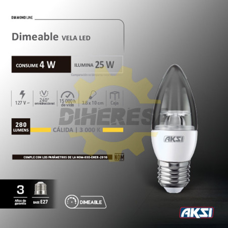 Foco Led Dimeable Vela 4w Luz Calida E27, Caja Color