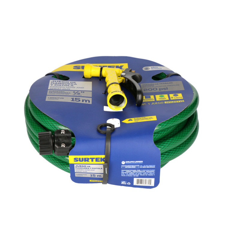 JM12ST15 Kit de manguera para jardín tramada verde con pistola para riego 1/2", 15 m Surtek JM12ST15 Kit de manguera para jardín tramada verde con pistola para riego 1/2", 15 m Surtek