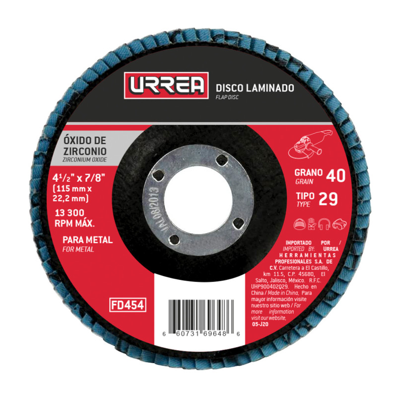 FD458 Disco laminado tipo 29 grano 40, 4-1/2" Urrea FD458 Disco laminado tipo 29 grano 40, 4-1/2" Urrea