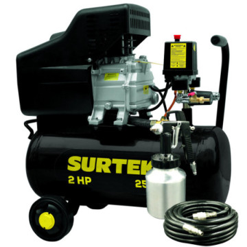 COMP425K Compresor de aire eléctrico lubricado 25 Lt 2 HP 127 V con pistola y manguera Surtek