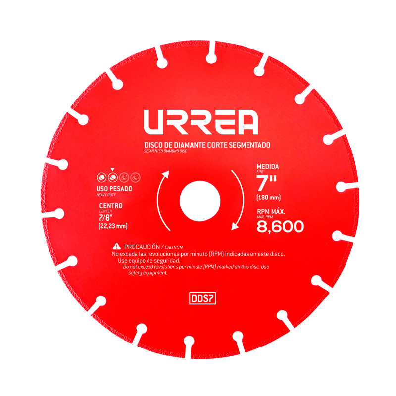 DDS7 Disco de diamante segmentado multicorte de 7" eje de 7/8" para esmeriladora angular, 13 200 rpm Urrea DDS7 Disco de diamante segmentado multicorte de 7" eje de 7/8" para esmeriladora angular, 13 200 rpm Urrea