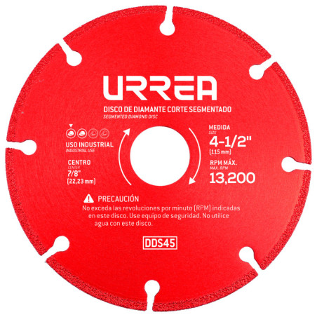 DDS45 Disco de diamante segmentado multicorte de 4-1/2" eje de 7/8" para esmeriladora angular, 8 600 rpm Urrea