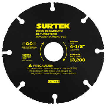DDT45S Disco de carburo de tungsteno segmentado multicorte, de 4-1/2" eje de 7/8" para esmeriladora angular, 13 200 rpm Surtek