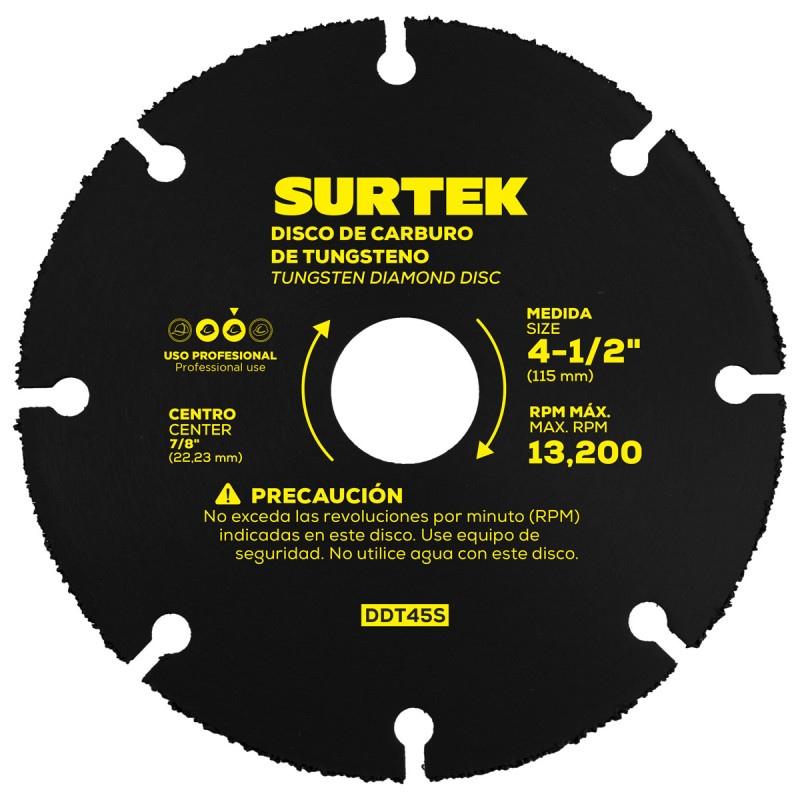 DDT45S Disco de carburo de tungsteno segmentado multicorte, de 4-1/2" eje de 7/8" para esmeriladora angular, 13 200 rpm Surtek DDT45S Disco de carburo de tungsteno segmentado multicorte, de 4-1/2" eje de 7/8" para esmeriladora angular, 13 200 rpm Surtek