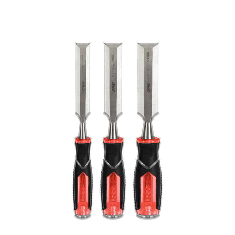 JFO3 Juego de 3 formones para madera con mango bimaterial 1/4", 1/2" y 3/4" Urrea
