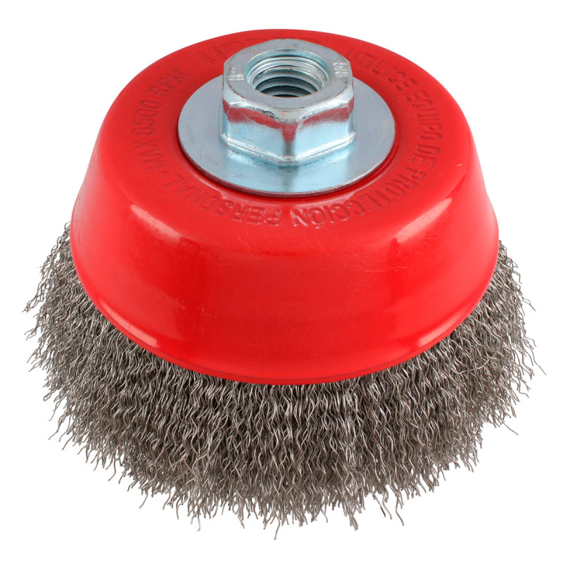 C937 Carda copa ondulada alambre fino de acero inoxidable 5" x 0.30 mm con rosca M14 Urrea C937 Carda copa ondulada alambre fino de acero inoxidable 5" x 0.30 mm con rosca M14 Urrea