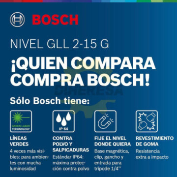 0601063W02 Nivel láser de líneas combinadas, 15 metros de distancia en líneas y 10 metros en plomada.