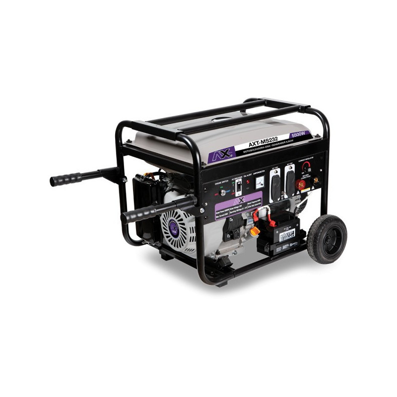 AX TECH MOTOSOLDADORA GASOLINA 200A, 110V/60Hz, 13HP, 5,000Wtts, CON MARCHA, BATERIA Y LLANTAS