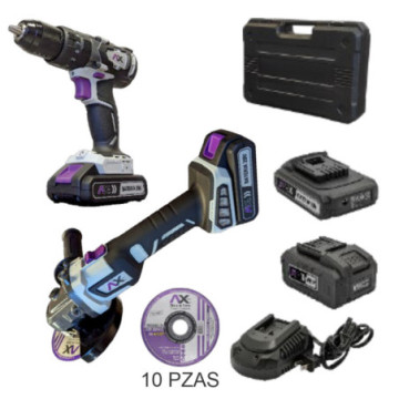 AX TECH KIT DE ESMERILADORA Y TALADRO EN MALETA PLASTICA Y 10 DISCOS 4 1/2"