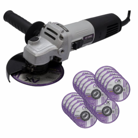 AX TECH MINI ESMERILADORA 4 1/2" 850W Y 20 DISCOS DE CORTE SUPER DELGADO DE 4 1/2" X 1.2MM X 7/8"