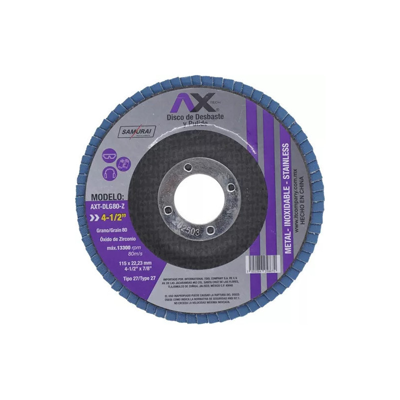 AX TECH DISCO LAMINADO PARA DESBASTE Y PULIDO DE OXIDO DE ZIRCONIO DE GRANO 80, 4 1/2" AX TECH DISCO LAMINADO PARA DESBASTE Y PULIDO DE OXIDO DE ZIRCONIO DE GRANO 80, 4 1/2"