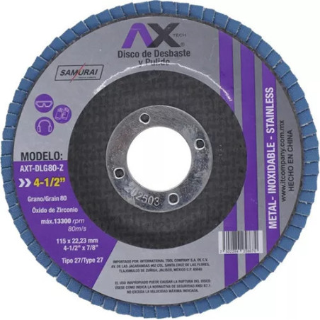 AX TECH DISCO LAMINADO PARA DESBASTE Y PULIDO DE OXIDO DE ZIRCONIO DE GRANO 80, 4 1/2"