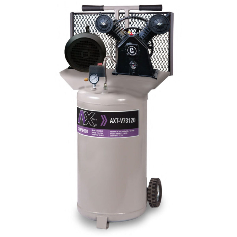 AX TECH COMPRESOR VERTICAL 72Lts CABEZAL 2 PISTONES EN V MOTOR CARROLL 3HP, 110-220V, 12CFM, 115PSI AX TECH COMPRESOR VERTICAL 72Lts CABEZAL 2 PISTONES EN V MOTOR CARROLL 3HP, 110-220V, 12CFM, 115PSI