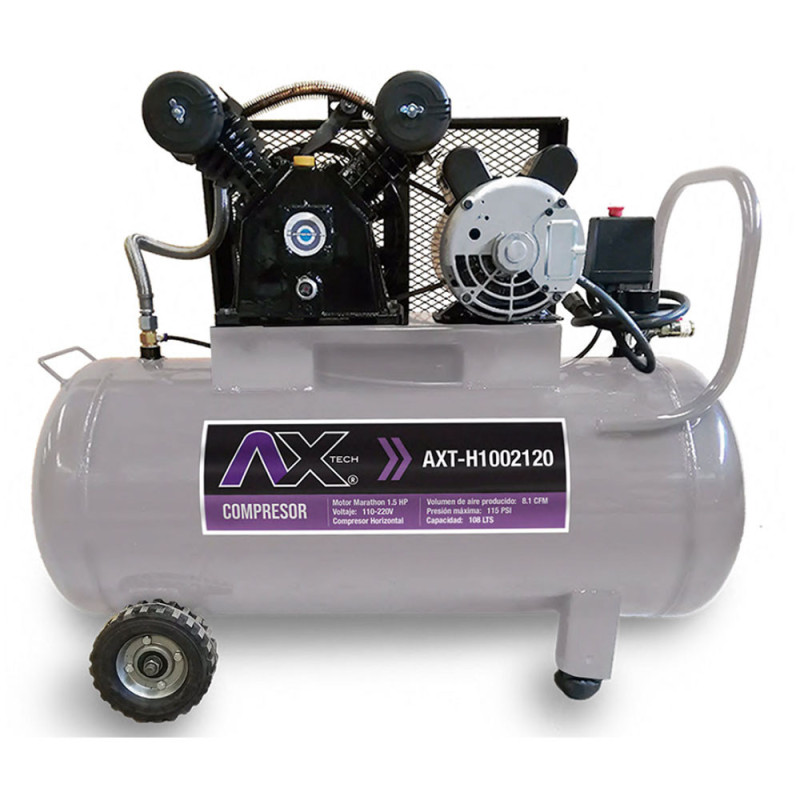 AX TECH COMPRESOR HORIZONTAL 108Lts CABEZAL 2 PISTONES EN V MOTOR MARATHON 1.5HP, 110-220V, 8.1CFM, 115PSI