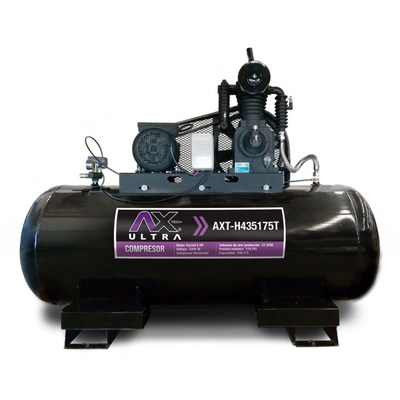 AX TECH ULTRA COMPRESOR HORIZONTAL 430Lts CABEZAL 2 PISTONES EN LINEA MOTOR CARROLL 5HP,220V 3PH, 21CFM, 175PSI