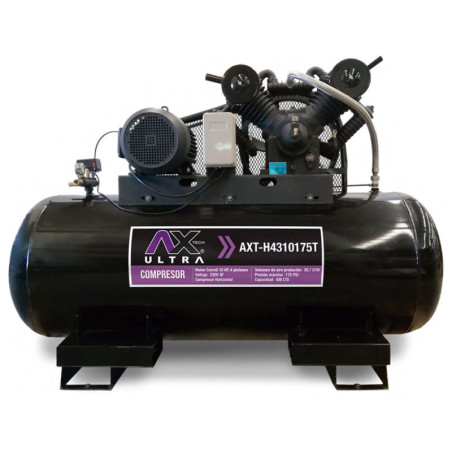 AX TECH ULTRA COMPRESOR HORIZONTAL 430Lts CABEZAL 4 PISTONES EN V MOTOR CARROLL 10HP,220V 3PH, 39.7CFM, 175PSI