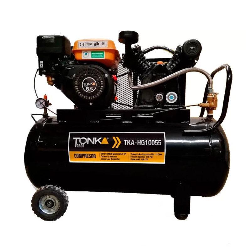 TONKA FORCE COMPRESOR HORIZONTAL 108Lts CABEZAL 2 PISTONES EN V MOTOR TONKA GASOLINA 5.5HP, 12CFM, 115PSI TONKA FORCE COMPRESOR HORIZONTAL 108Lts CABEZAL 2 PISTONES EN V MOTOR TONKA GASOLINA 5.5HP, 12CFM, 115PSI