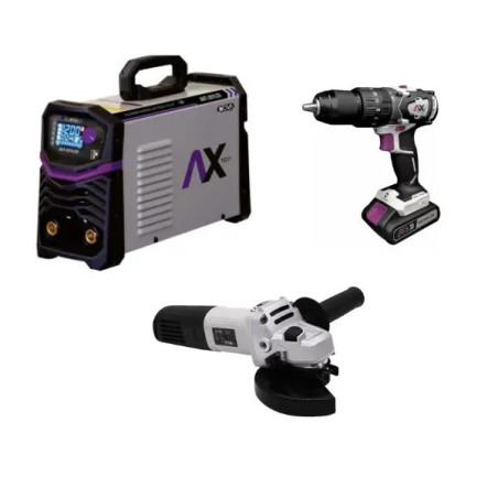 AX TECH COMBO SOLDADORA INVERSOR ELECTRODO Y TIG LIFT 250A, CON ROTOMARTILLO INALÁMBRICO Y MINI ESMERILADORA ELÉCTRICA