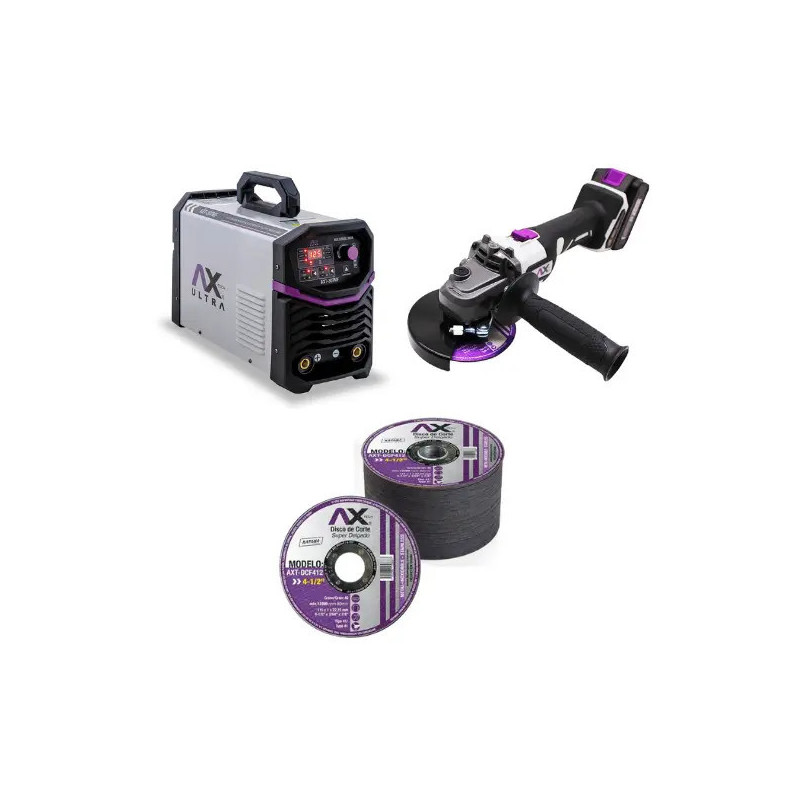 AX TECH COMBO SOLDADORA 300A MULTI FASE, CON ESMERILADORA A BATERIA Y 50 DISCOS ABRASIVOS DE 4 1/2 AX TECH COMBO SOLDADORA 300A MULTI FASE, CON ESMERILADORA A BATERIA Y 50 DISCOS ABRASIVOS DE 4 1/2