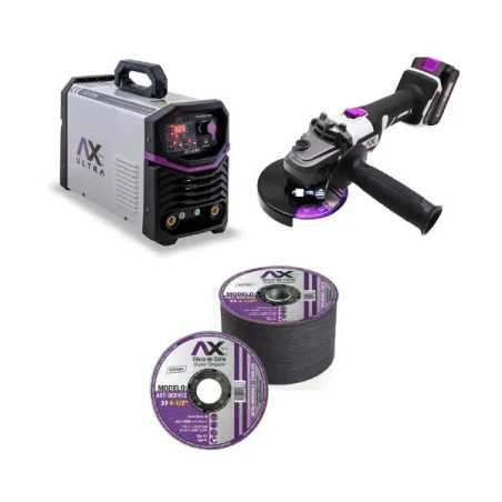 AX TECH COMBO SOLDADORA 300A MULTI FASE, CON ESMERILADORA A BATERIA Y 50 DISCOS ABRASIVOS DE 4 1/2