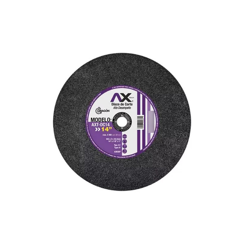AX TECH DISCO DE CORTE ABRASIVO T41 14" X 1/8" X 1" PARA CORTE DE METAL Y ACERO INOXIDABLE (10 pz)