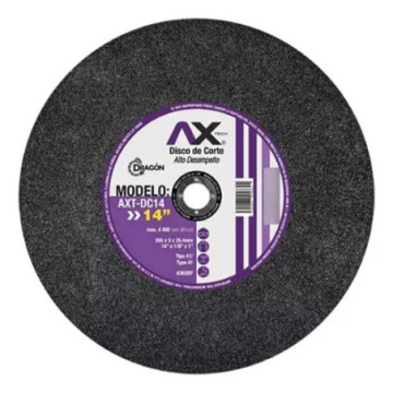 AX TECH DISCO DE CORTE ABRASIVO T41 14" X 1/8" X 1" PARA CORTE DE METAL Y ACERO INOXIDABLE (10 pz)