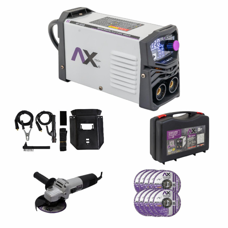 AX TECH COMBO SOLDADORA INVERSOR 140A CON ESMERILADORA ELÉCTRICA 850W Y 10 DISCOS DE CORTE DE 4 1/2 AX TECH COMBO SOLDADORA INVERSOR 140A CON ESMERILADORA ELÉCTRICA 850W Y 10 DISCOS DE CORTE DE 4 1/2