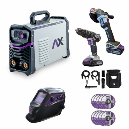 AX TECH COMBO SOLDADORA INV 200A BI VOLT, CON KIT DE HERRAMIENTA Y CARETA AXT-CE1004
