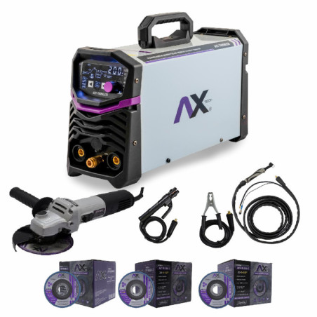 AX TECH COMBO SOLDADORA INVERSOR TIG HF 200A CON ESMERILADORA 850W DE REGALO Y 30 DISCOS LAMINADOS GRANO 40 60 Y 80