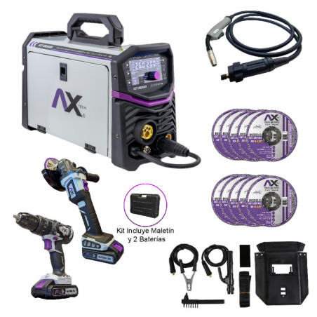 AX TECH COMBO SOLDADORA INVERSOR MIG/MAG ELECTRODO Y TIG LIFT, BI VOLTAJE 200A CON KIT DE HERRAMIENTA ELECTRICA