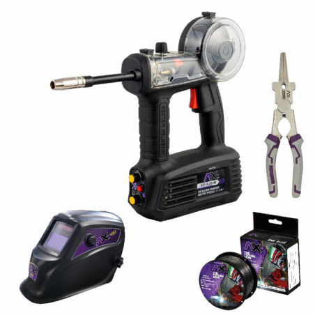 AX TECH COMBO SOLDADORA INVERSOR MICROALAMBRE NO GAS (FLUX) TIPO PISTOLA, PINZA PARA SOLDADOR Y CARETA