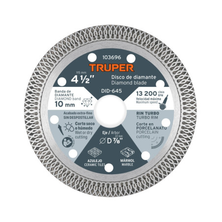 DID-645 Disco de diamante 4 1/2', corte porcelanato, TRUPER